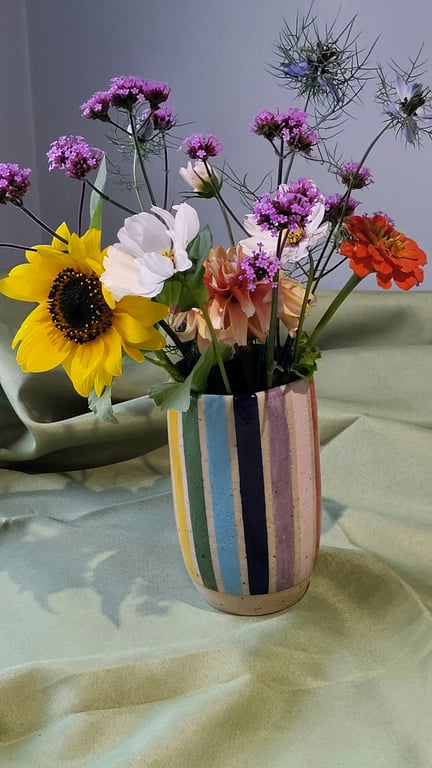 Rainbow striped cylinder vase handmade pottery