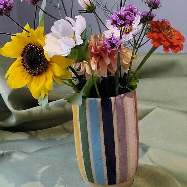 Rainbow striped cylinder vase handmade pottery