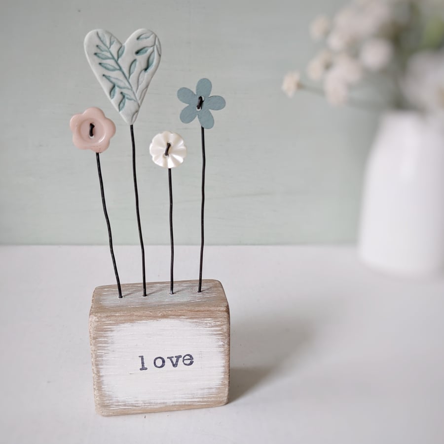 Clay Heart and Button Flowers in a Painted Wood Block 'Love'