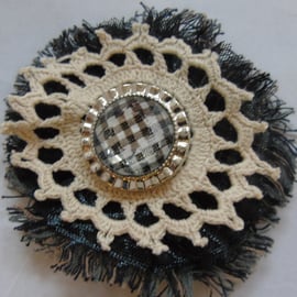 Fabric Brooch-Hair Clip - Black and Cream