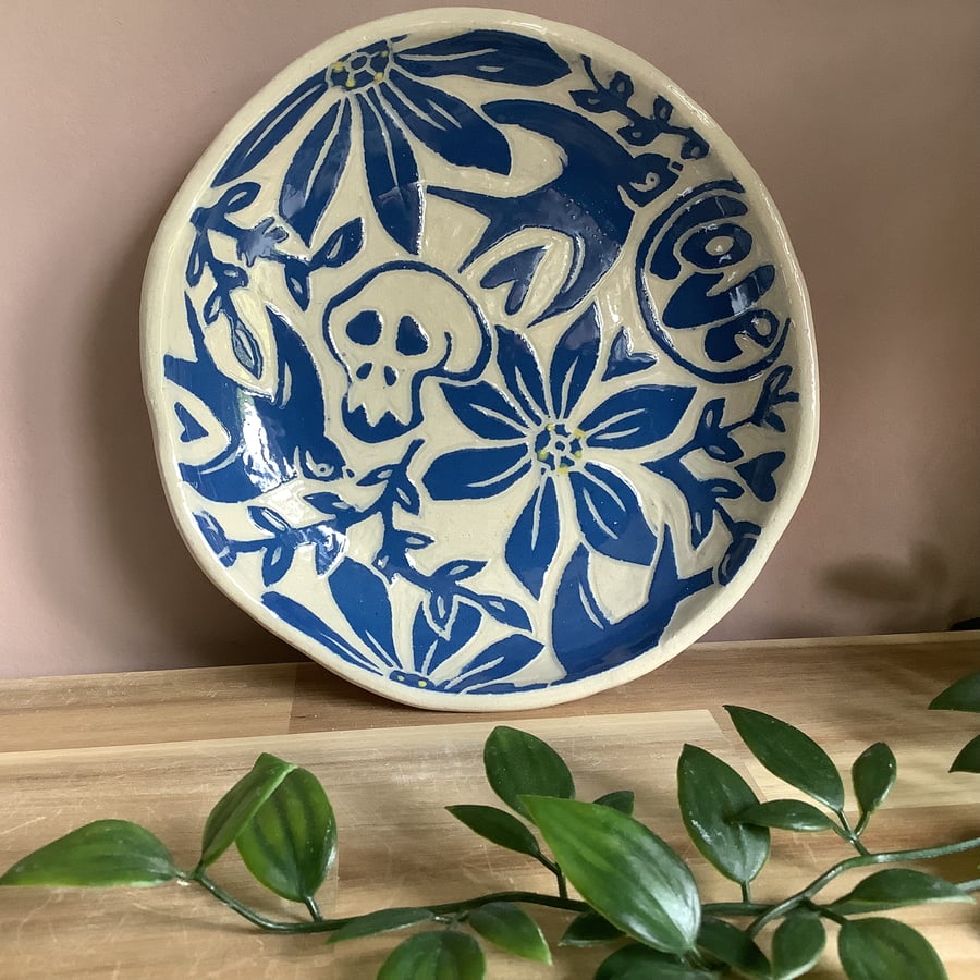 Handmade stoneware sgraffito blue flower skull and bird bowl