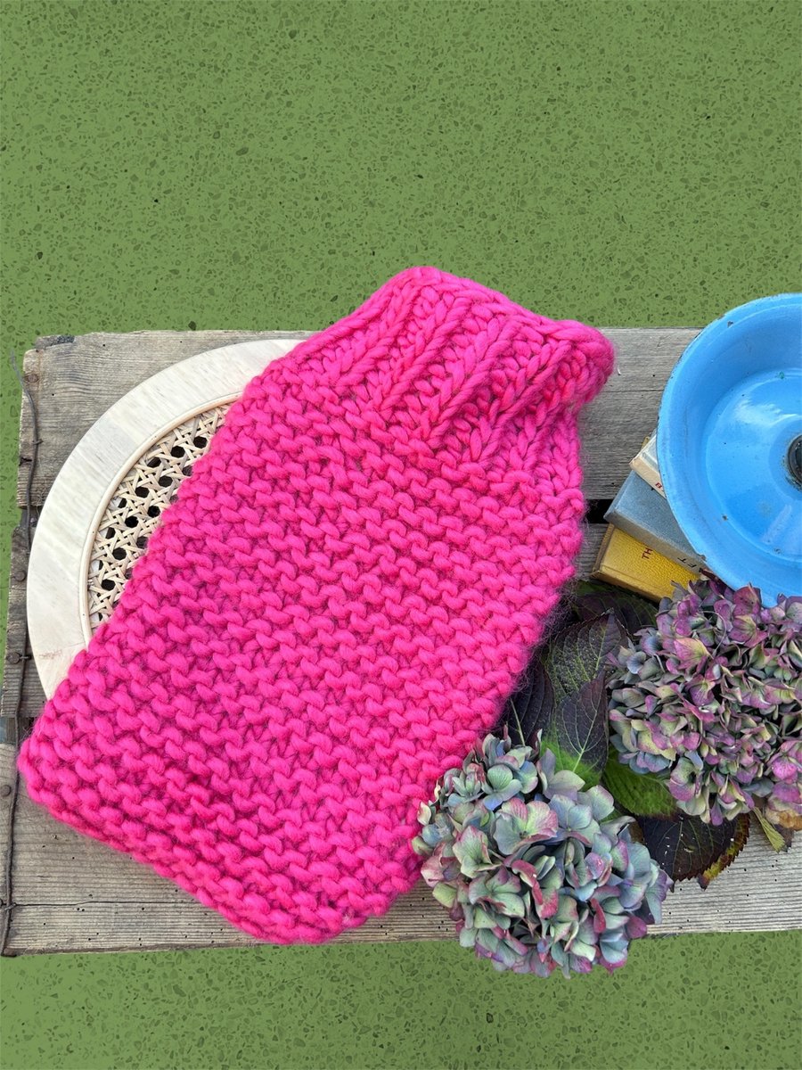 Hand knitted merino wool hot water bottle