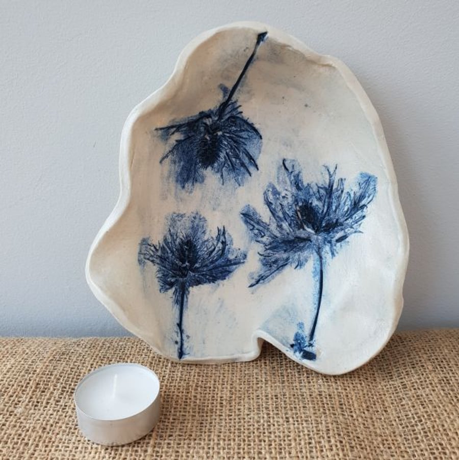 Blue Thistles Wavy Ceramic Bowl