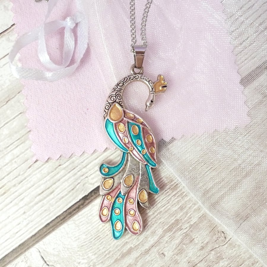 Teal peacock pendant with gold and rose gold accents