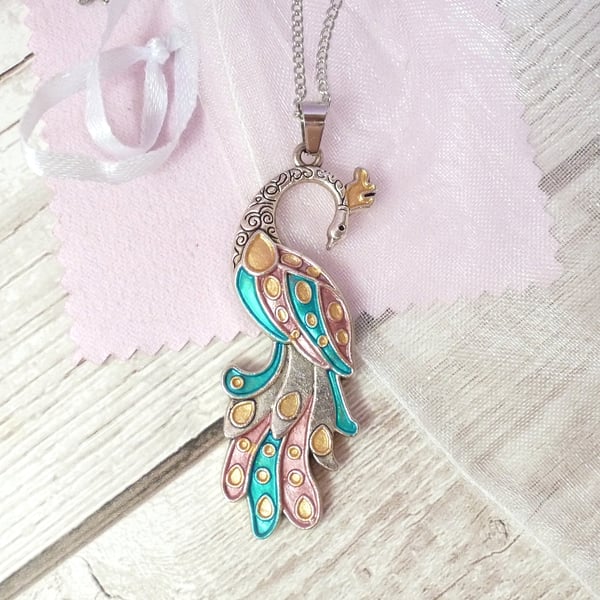 Teal peacock pendant with gold and rose gold accents