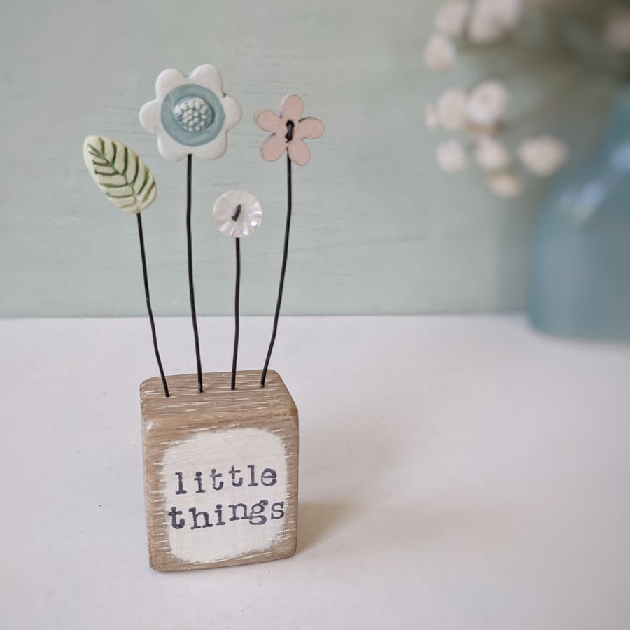 Clay Flowers in a Painted Wood Block 'little things'