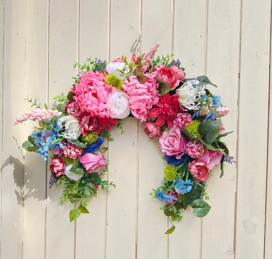 Susan. Crescent bespoke, everlasting floral wreath 