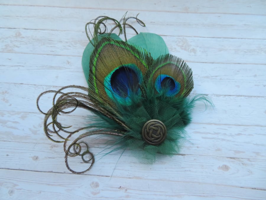 Bottle Green Peacock Feather Celtic Mini Hair Clip Fascinator 