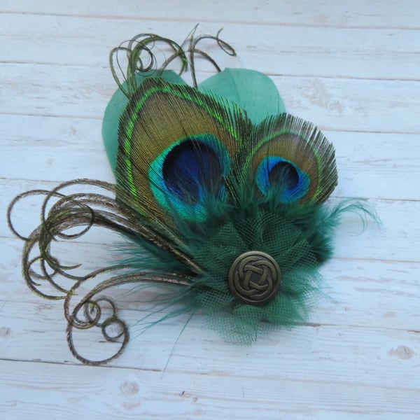 Bottle Green Peacock Feather Celtic Mini Hair Clip Fascinator 