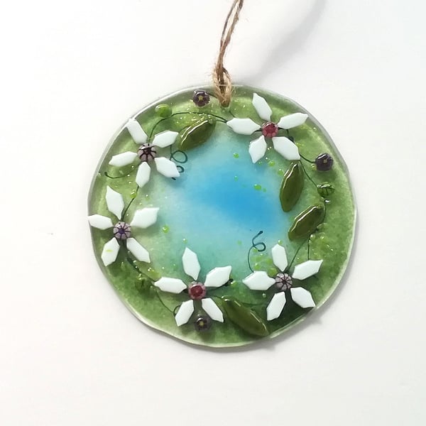 Fused Glass Clematis Suncatcher: White Flower Window Hanging