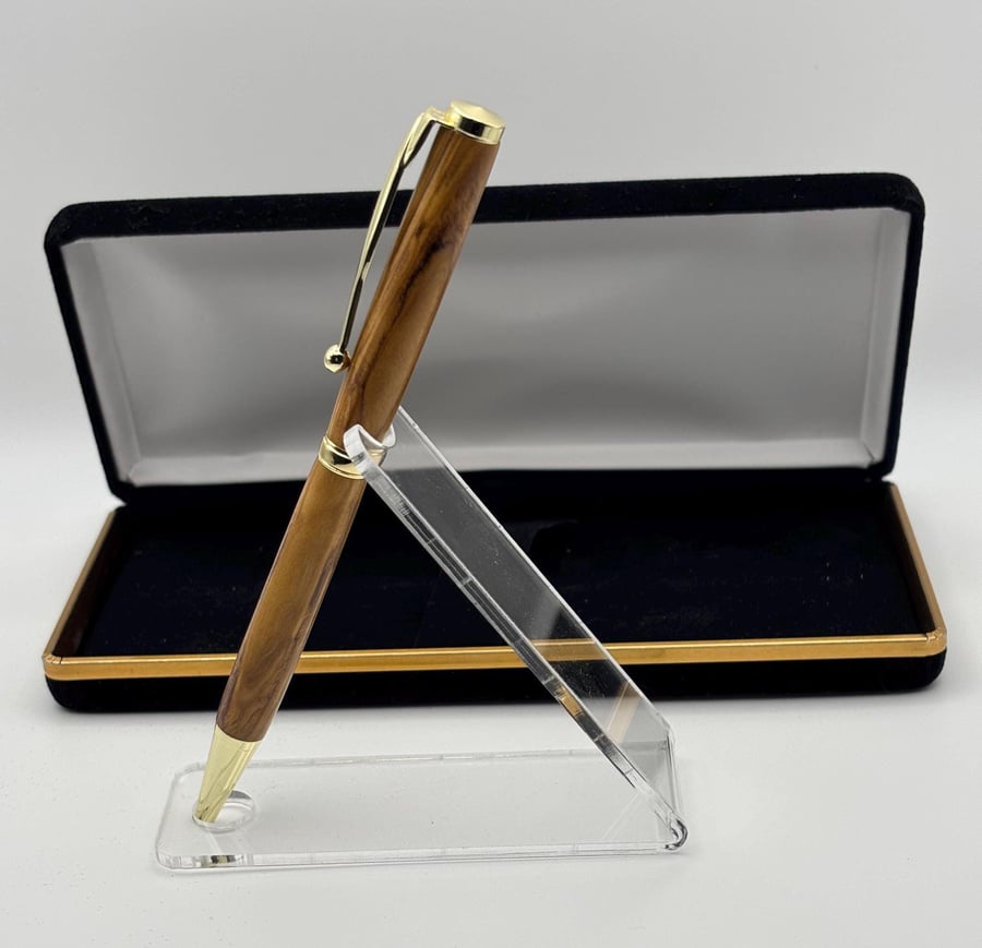 Certified Holy Land Ballpoint Pen - Bethlehem Olive Wood - Gold Fittings 