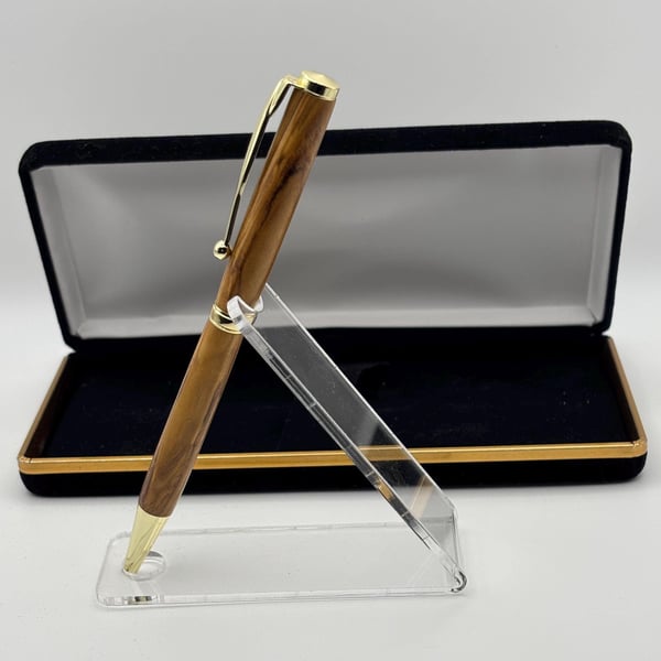 Certified Holy Land Ballpoint Pen - Bethlehem Olive Wood - Gold Fittings 