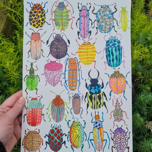 Hand painted watercolour colourful funky bugs art