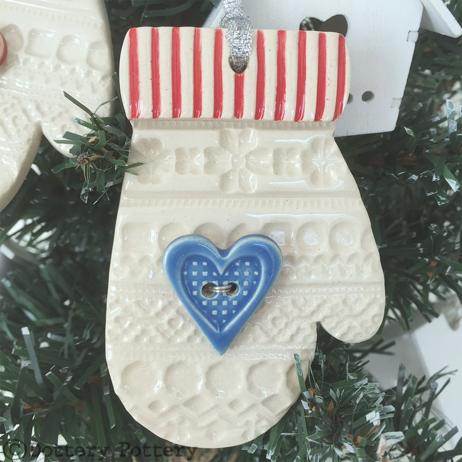 Ceramic Christmas Mitten decoration with blue button