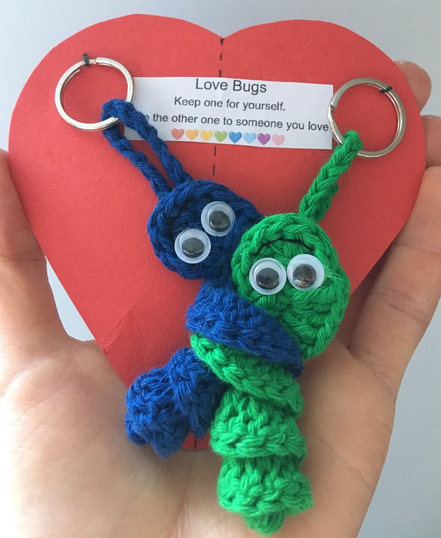 Crochet Love Bug Keyring - Green And Blue - Valentines Gift