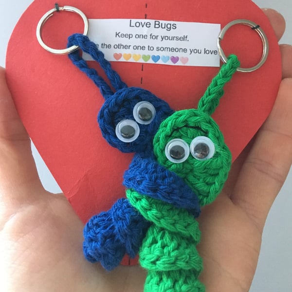 Crochet Love Bug Keyring - Green And Blue - Valentines Gift