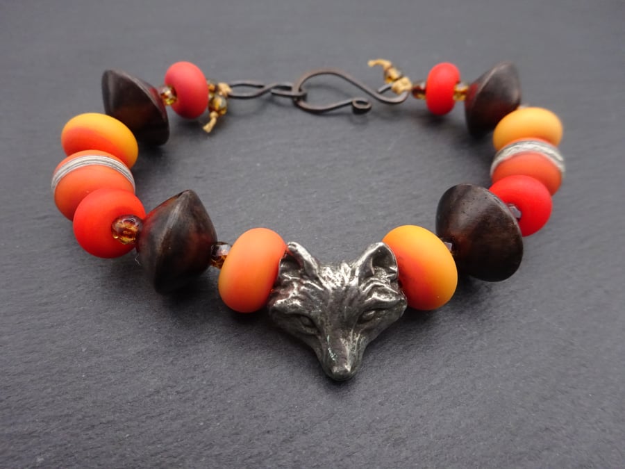 lampwork glass bracelet, pewter fox and copper