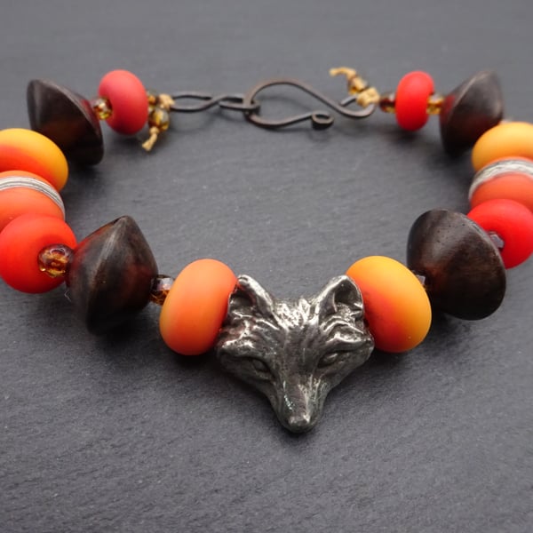 lampwork glass bracelet, pewter fox and copper