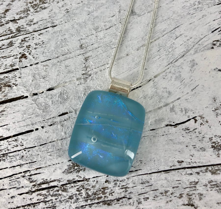 Soft Blue Dichroic Glass Necklace with silver plated bail and chain