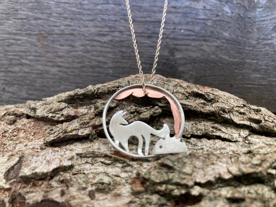 Sterling silver and copper fox and hedgehog necklace