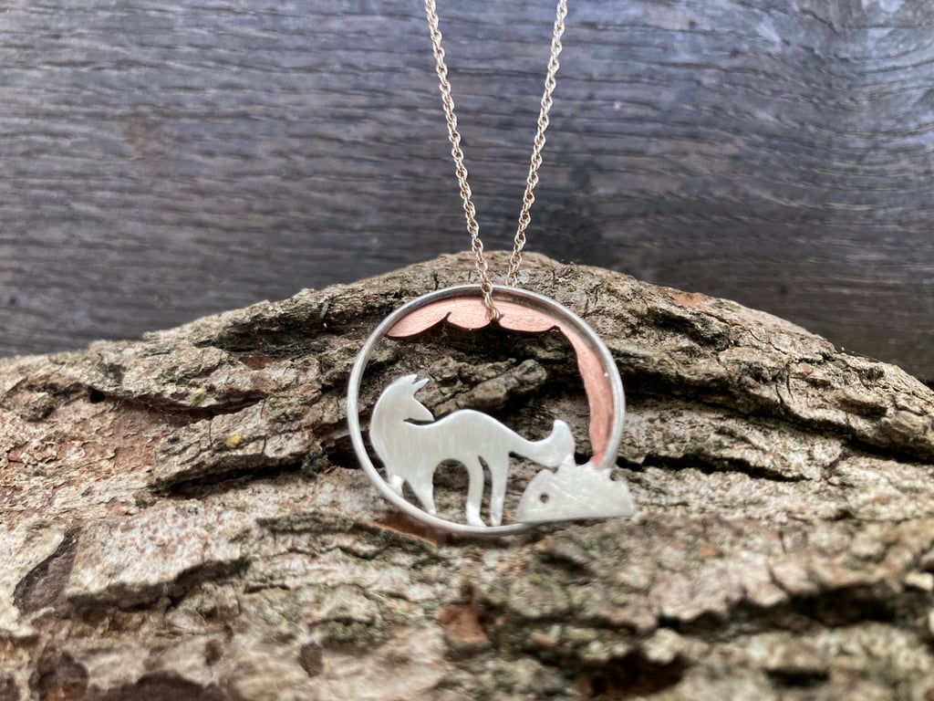 Sterling silver and copper fox and hedgehog necklace