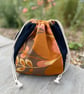 Dumpling drawstring bag - reclaimed vintage orange curtain fabric and denim 