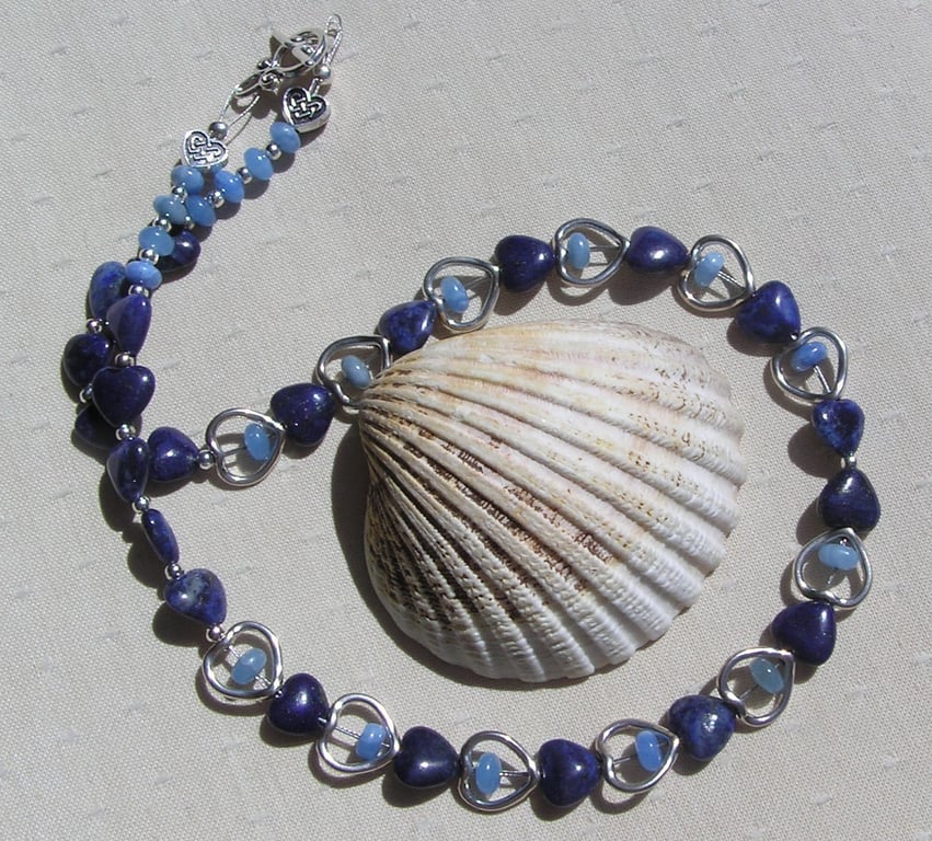 Blue Lapis Lazuli & Blue Aragonite Crystal Gemstone Silver Heart Beaded Necklace