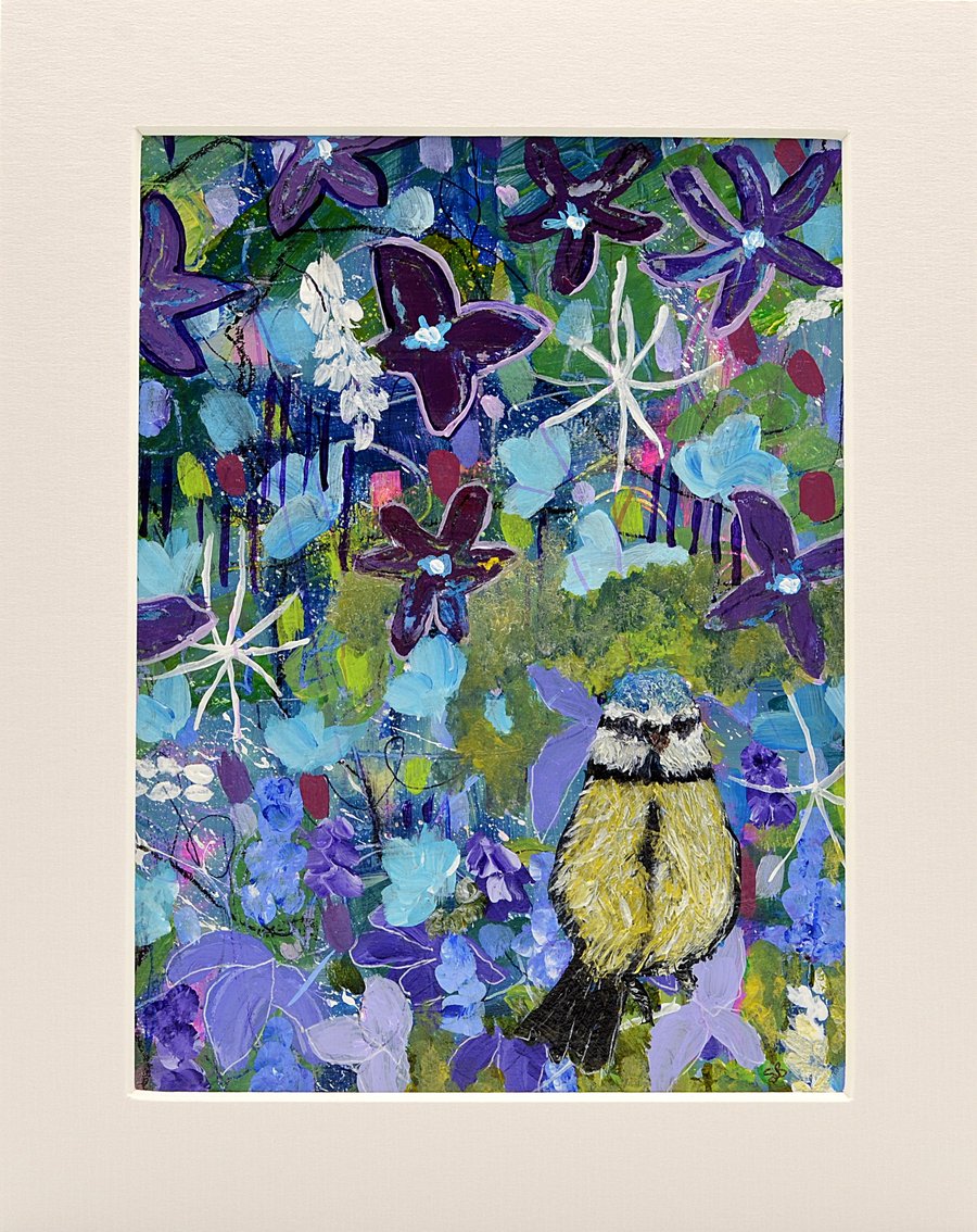 Original Painting of a Blue Tit  And Blue Flowers (10 x 8 inches)