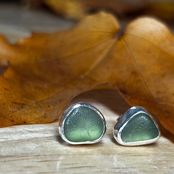 Handmade Fine & Sterling Silver Stud Earrings & Pieces Of Welsh Olive SeaGlass