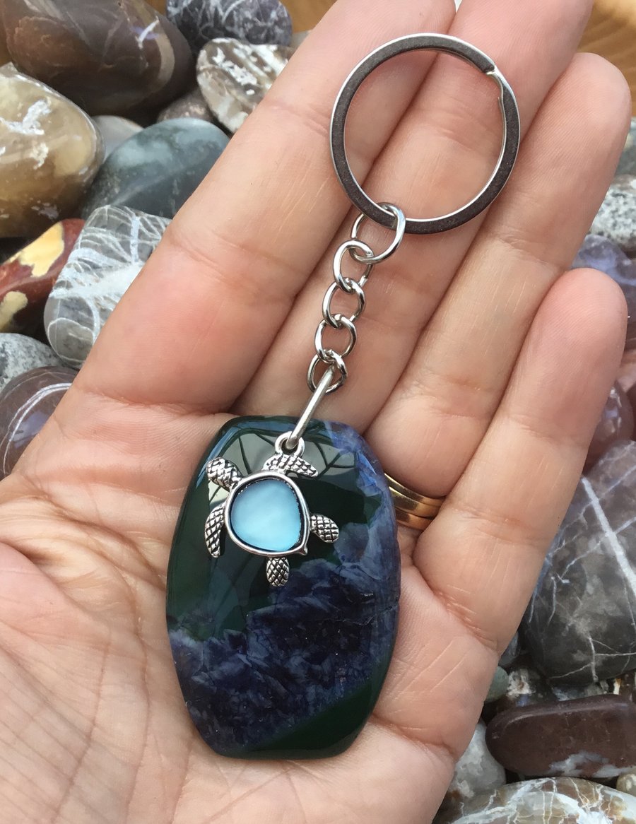 Deep Sea! Dramatic Blue Green Agate Gemstone & Turtle Keyring or Handbag Charm!
