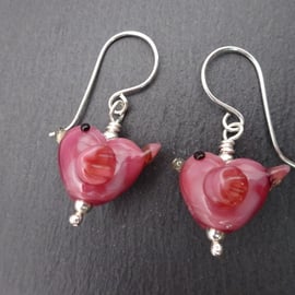 lampwork glass pink bird earrings, sterling silver jewellery