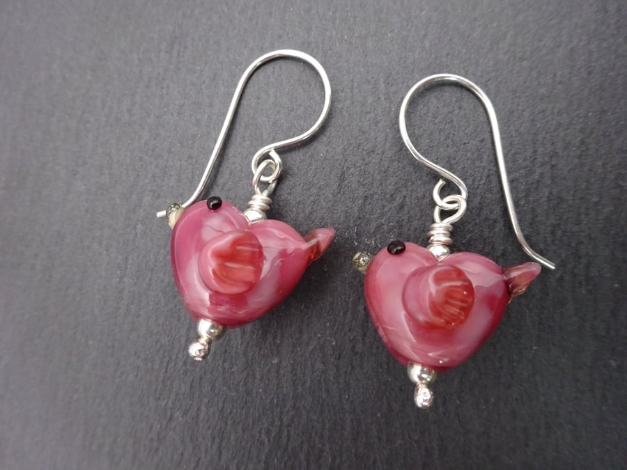 lampwork glass pink bird earrings, sterling silver jewellery
