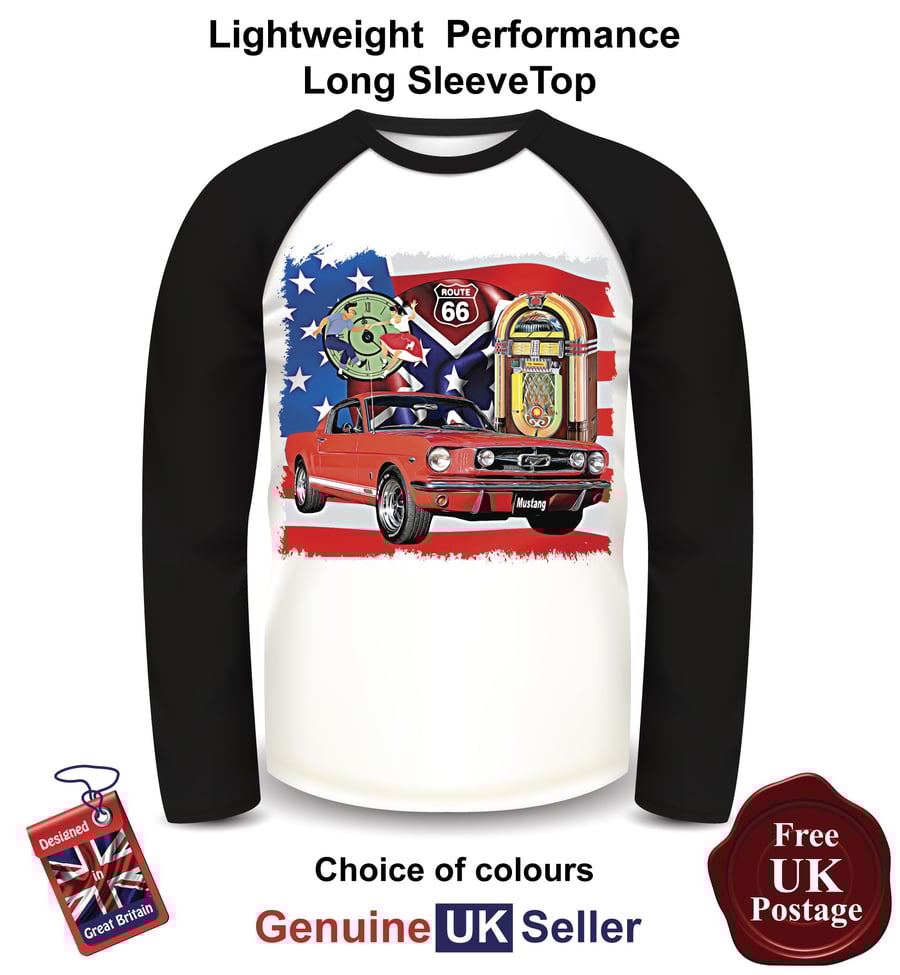 Mustang Fastback Men Long Sleeve T Shirt, Red Mustang Mens Top, 