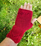 Hand Knitted Cranberry Red Lace Fingerless Gloves  - Image 2