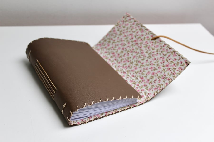 A6 Handmade Blue Leather notebook with floral fabric lining 