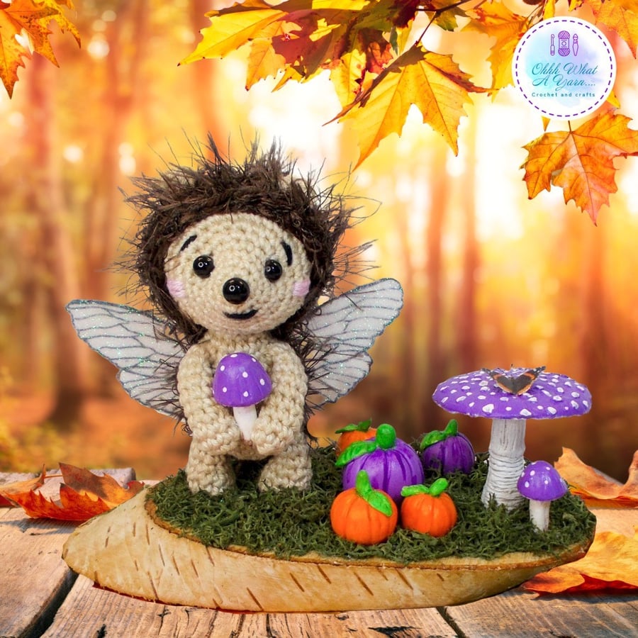 Crochet hedgehog, pumpkins and toadstool sculpture. Hedgehog ornament. 