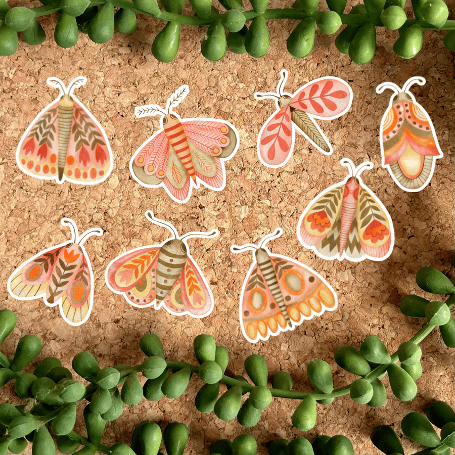 Set of 8 Illustrated Floral Moth Glossy Stickers 