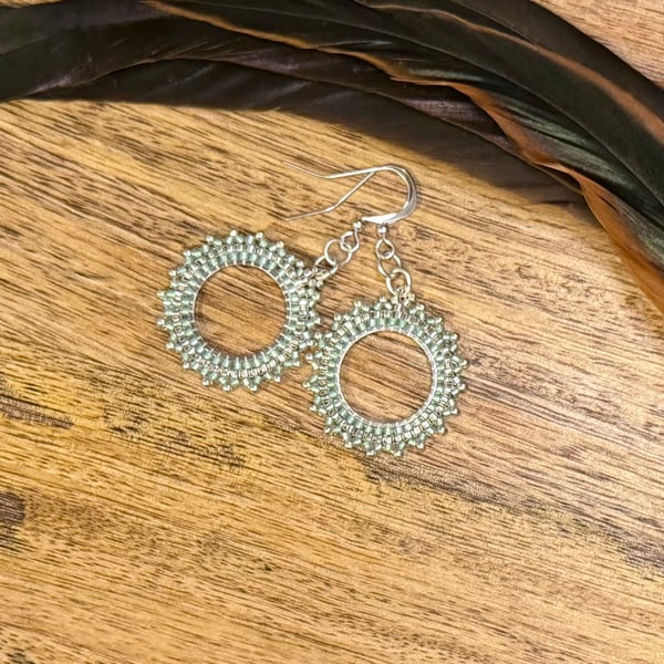 Beadwork hoop earrings in pale green and silver