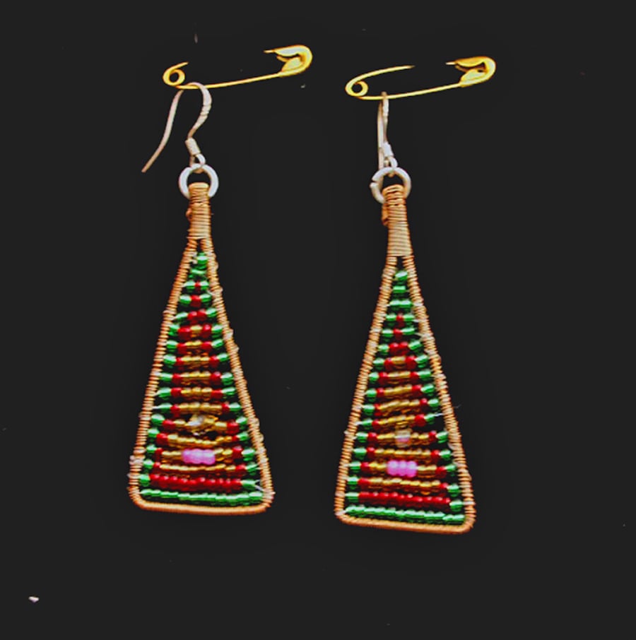 Bead Earrings Handmade woven bead earrings - Fancy Bronze Age Triangle Drops