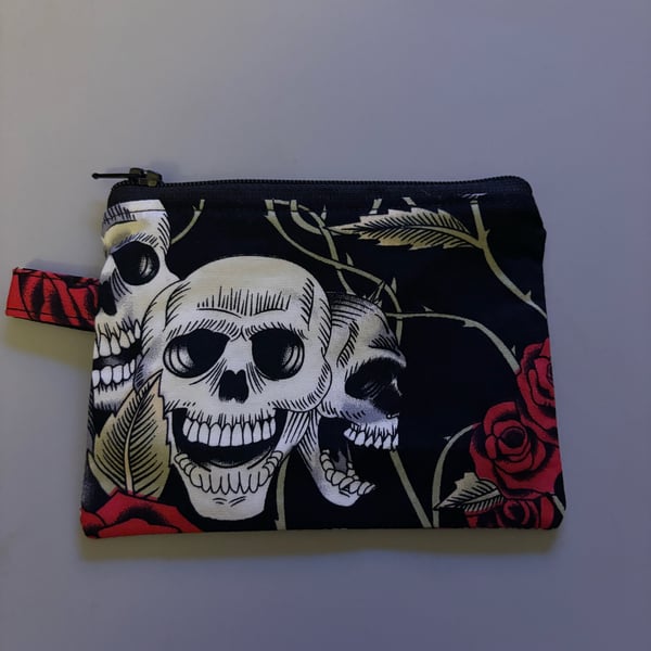 Handmade skull and roses  coin purse, fully lined with zip closure 