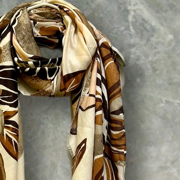 Brown Scarf Featuring Geometric Large Flowers Cotton Blend Scarf for Women.