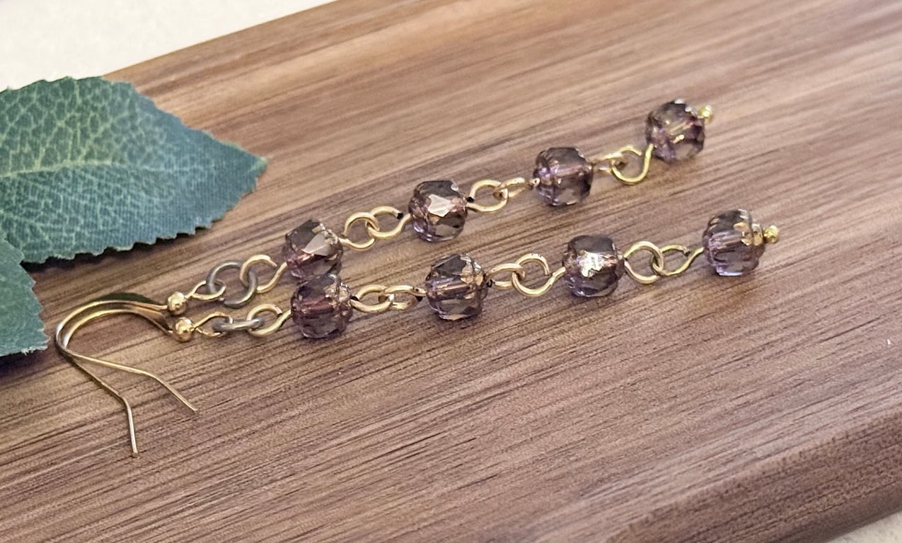 Long Smokey Black and Gold Czech glass earrings