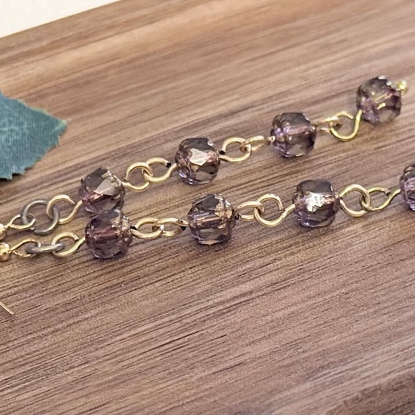 Long Smokey Black and Gold Czech glass earrings