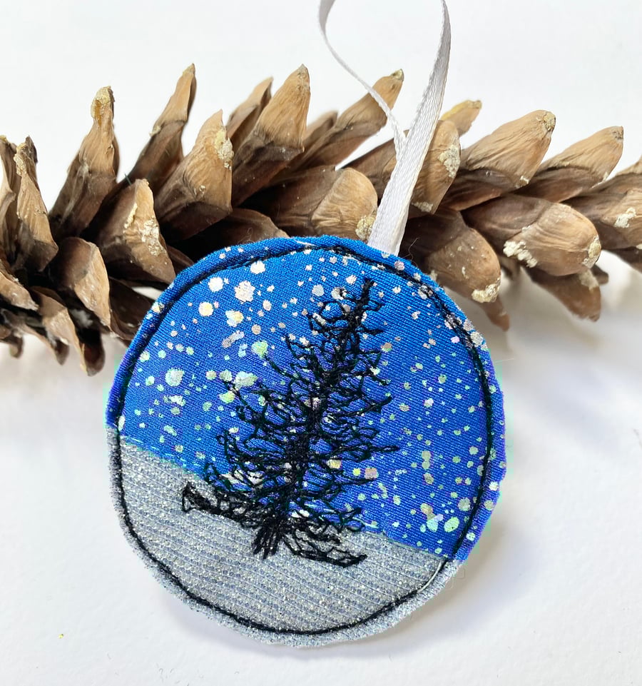 Upcycled embroidered Christmas tree scene home decoration. 