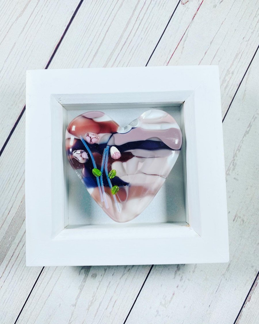 Pink and purple fused glass heart picture 