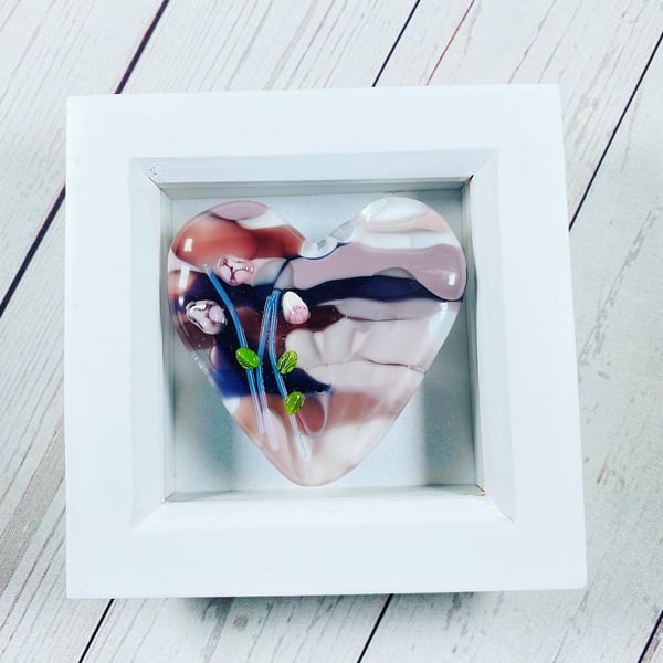 Pink and purple fused glass heart picture 