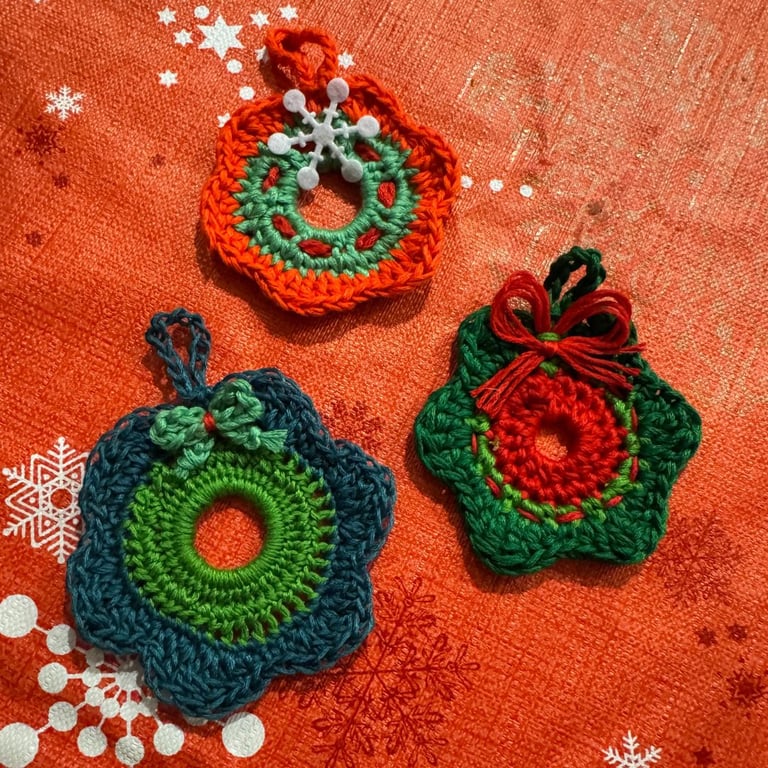 Set of Three Green and Red Crochet Mini Christmas Wreaths