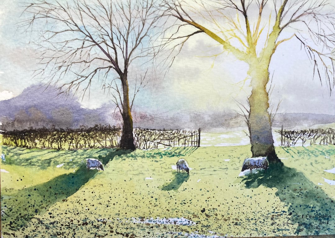 Fowlers farm late autumn (Pure Original Watercolour FULLY MOUNTED 8” x 6”)