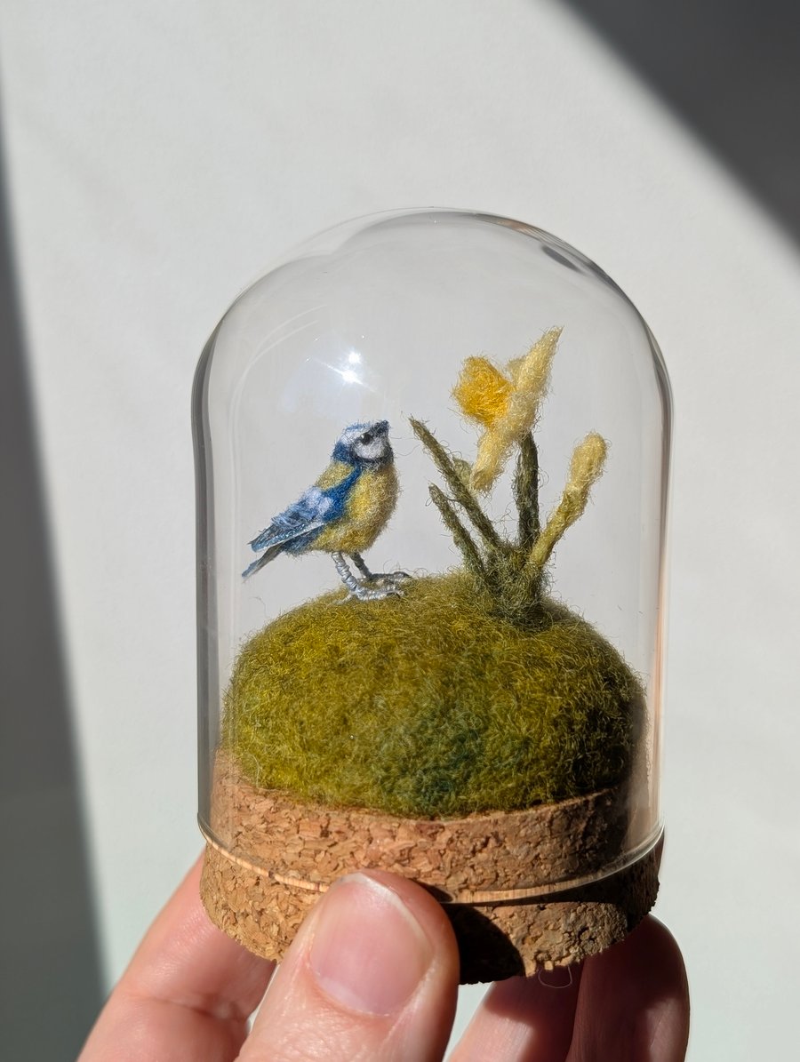 Tiny needle felt Bluetit with a Daffodil (reserved for Pat) 