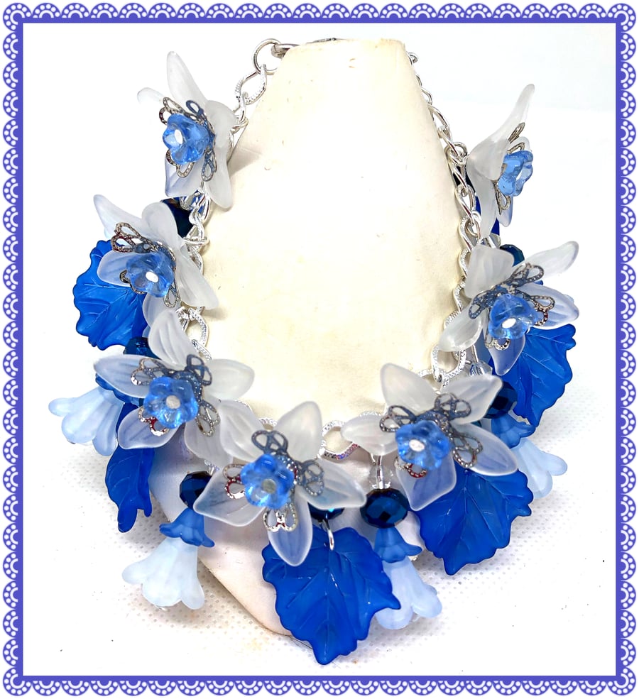 SALE OOAK White Lucite flower & blue leaf bracelet
